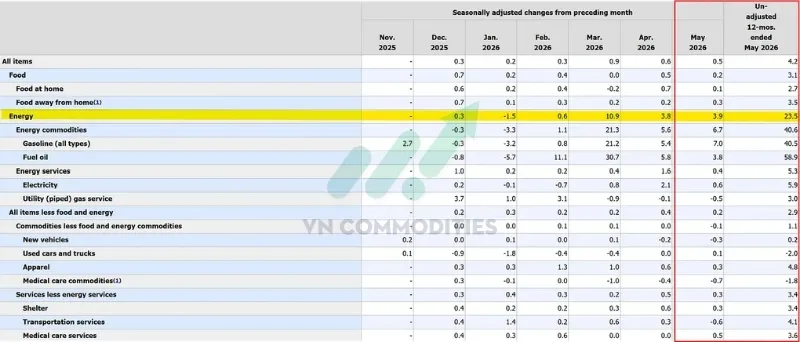 Gi&aacute; năng lượng tăng 3,9% MoM.